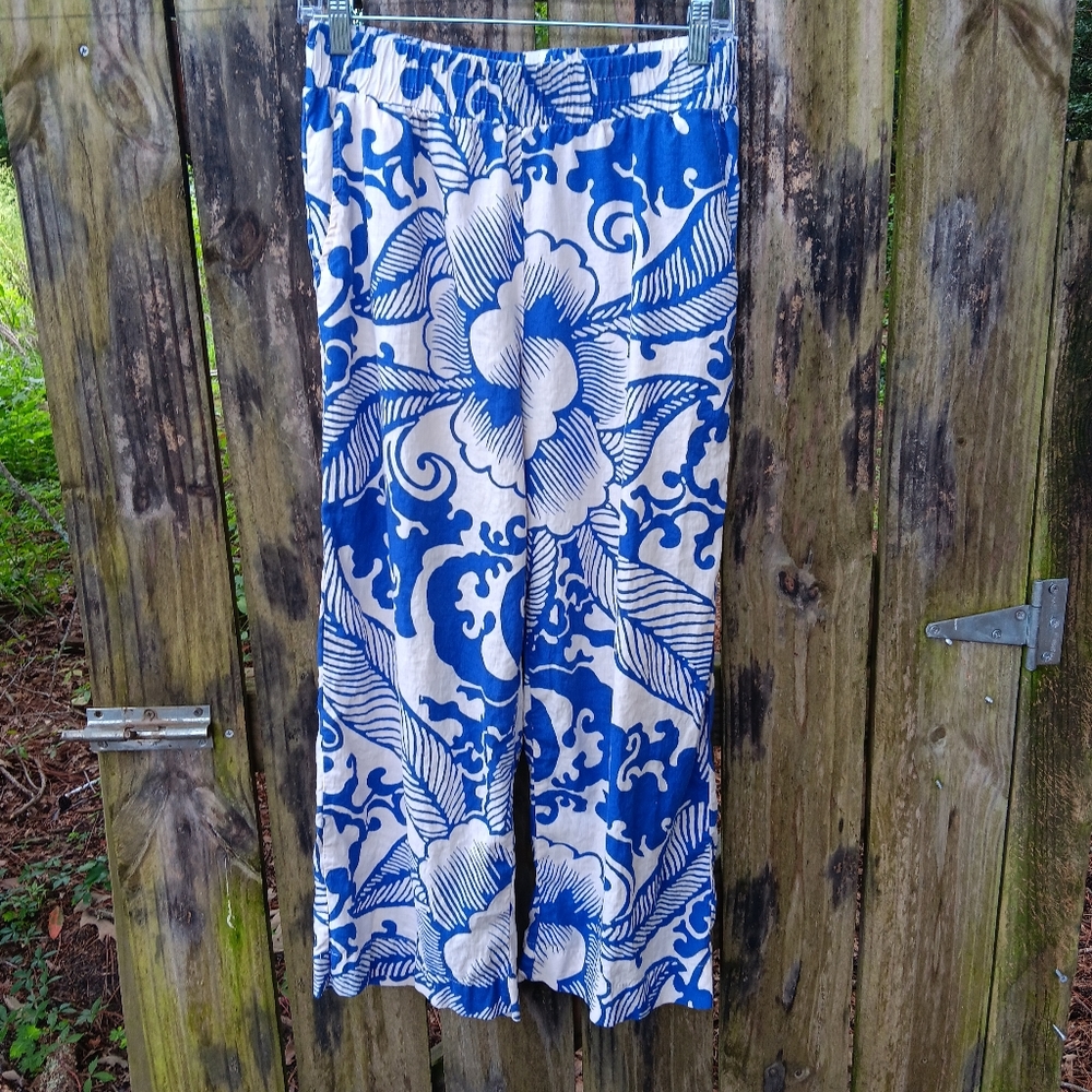 HAUTE HIPPIE Blue and White Floral Linen Rayon Crop Pants S